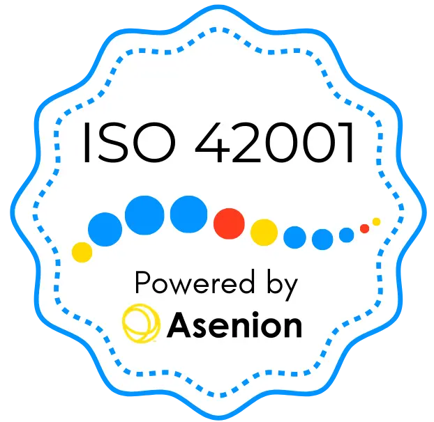 ISO/IEC 42001 certification badge, powered by Asenion